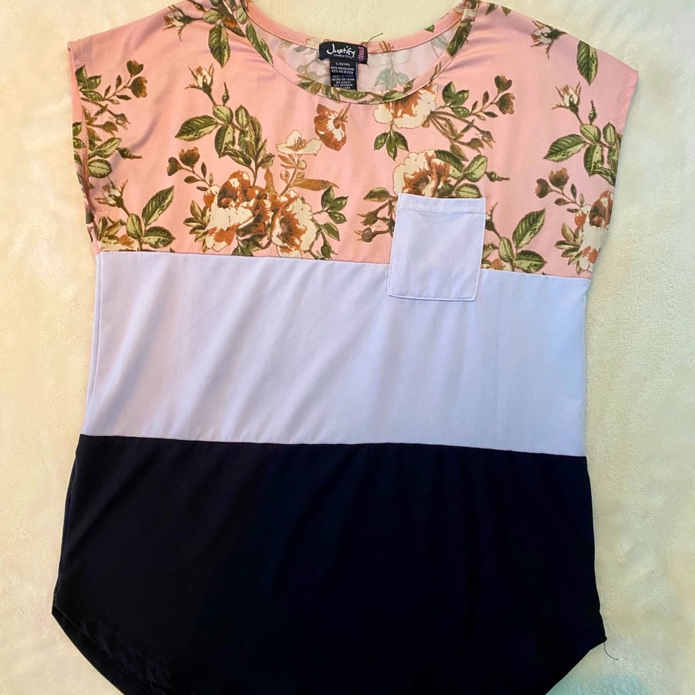 black, white, pink floral print shirt